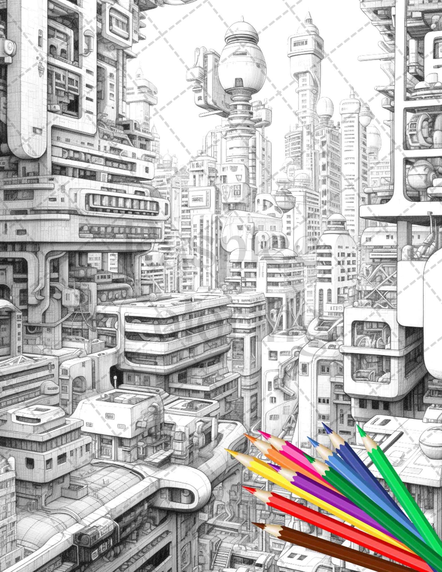 50 Futuristic Metropolis Grayscale Coloring Pages Printable for Adults, PDF File Instant Download