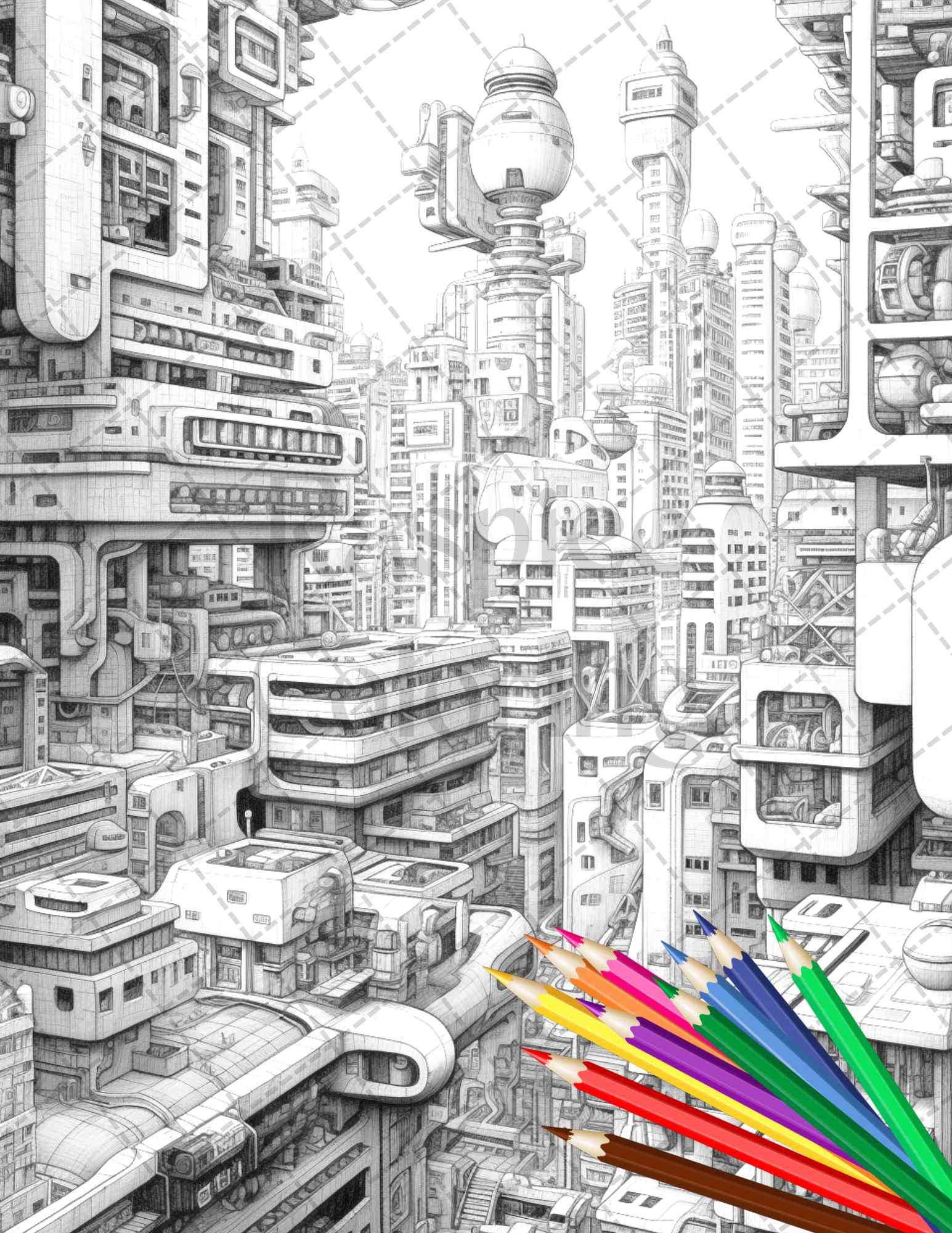 50 Futuristic Metropolis Grayscale Coloring Pages Printable for Adults, PDF File Instant Download