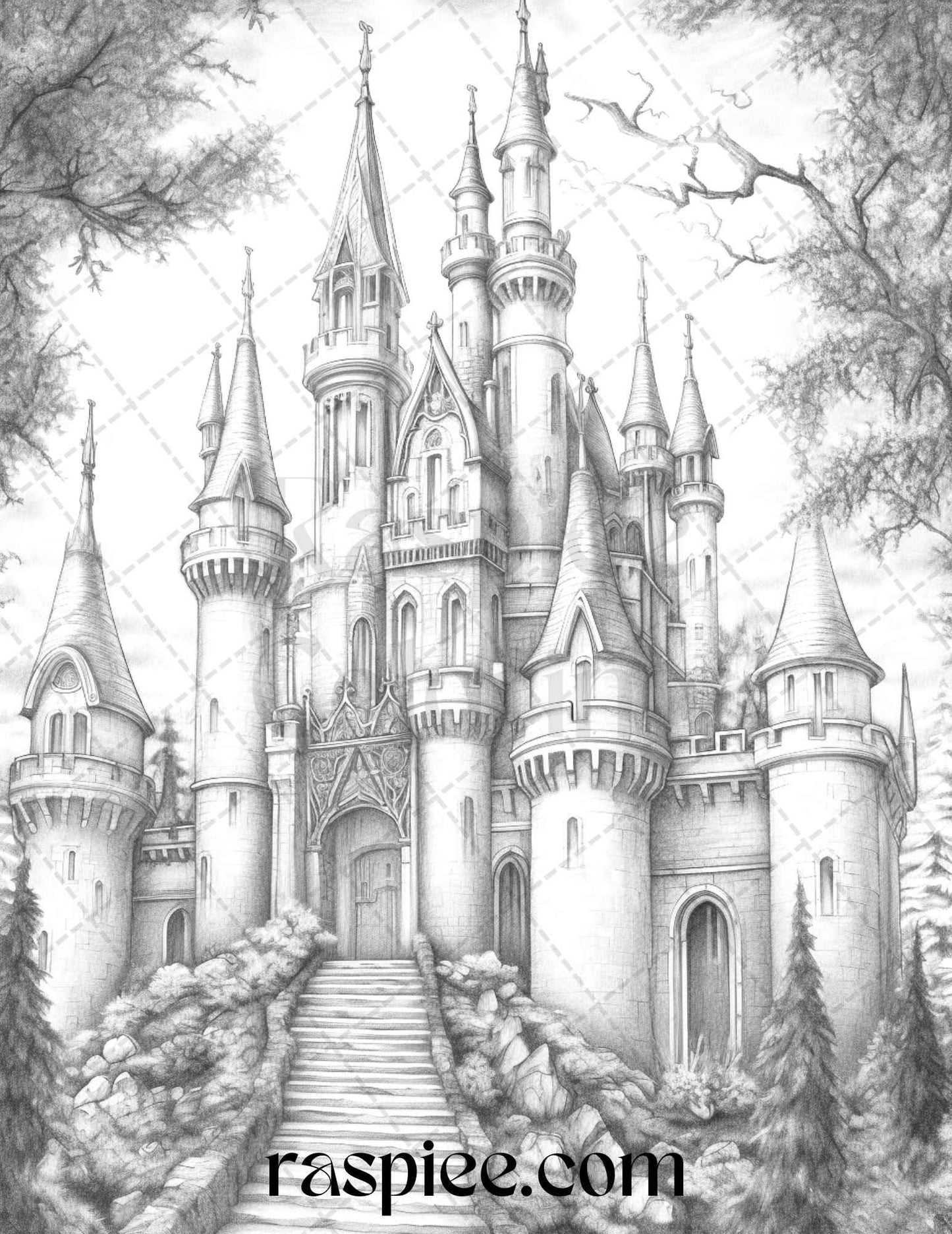 50 Haunted Castles Grayscale Coloring Pages Printable, Halloween Coloring Book, PDF File Instant Download