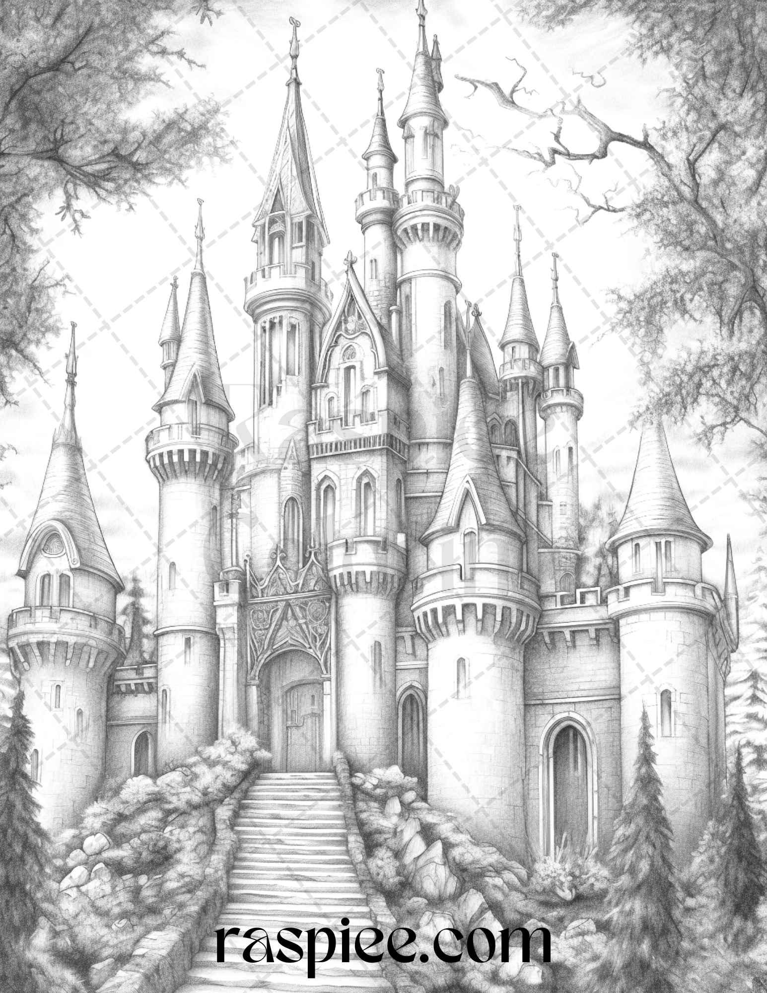 50 Haunted Castles Grayscale Coloring Pages Printable, Halloween Coloring Book, PDF File Instant Download