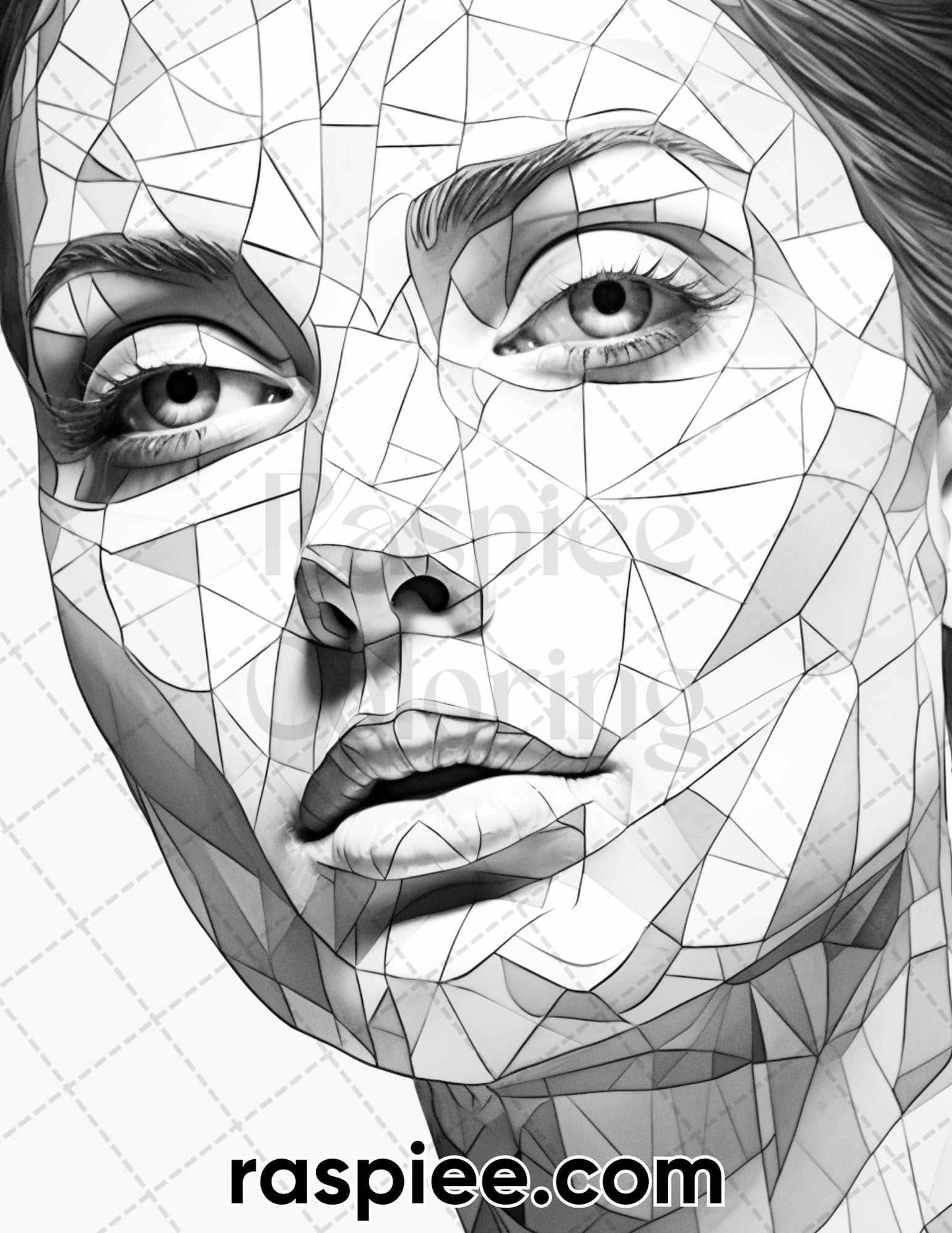 60 Abstract Faces Grayscale Adult Coloring Pages, Printable PDF Instant Download