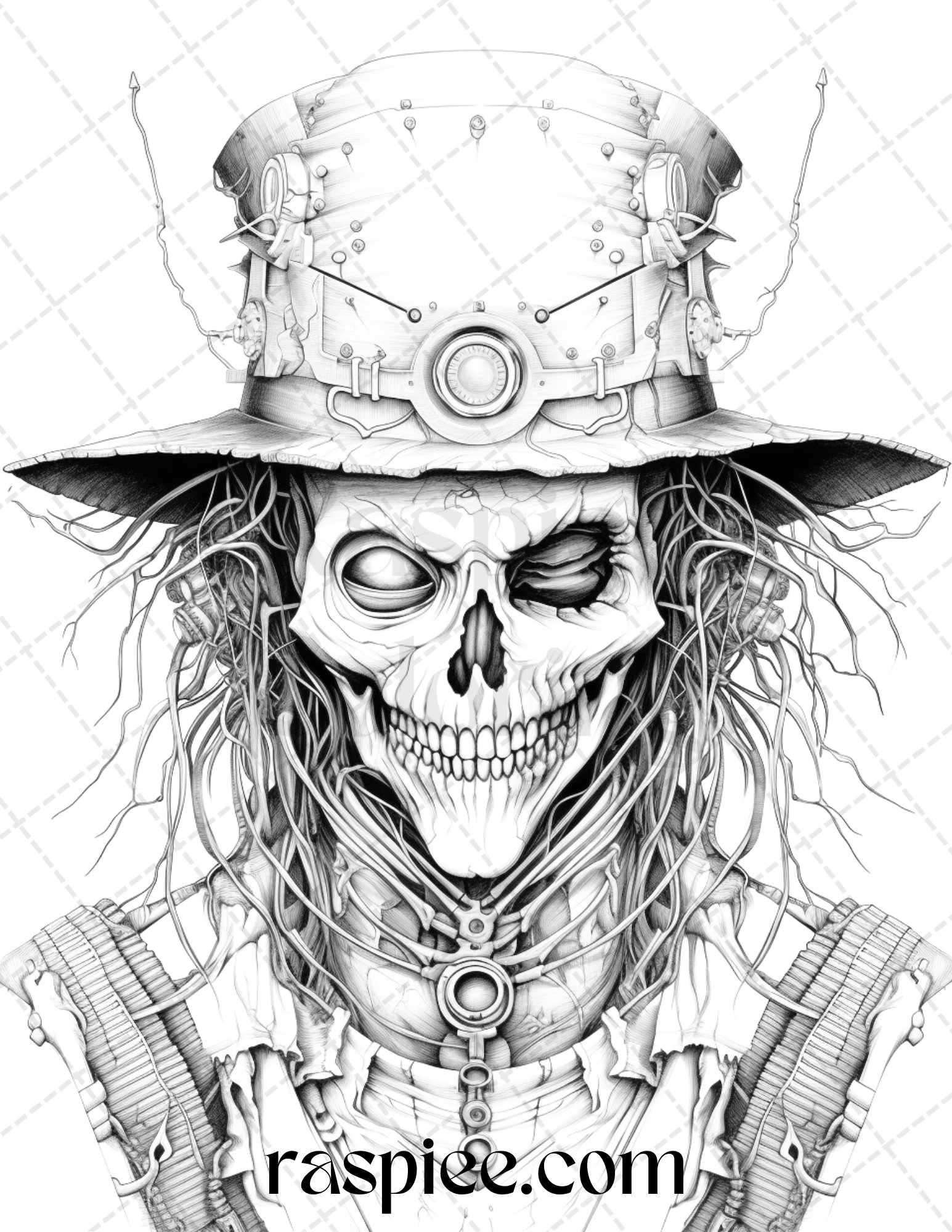53 Scary Steampunk Scarecrows Grayscale Coloring Pages Printable for Adults, PDF File Instant Download