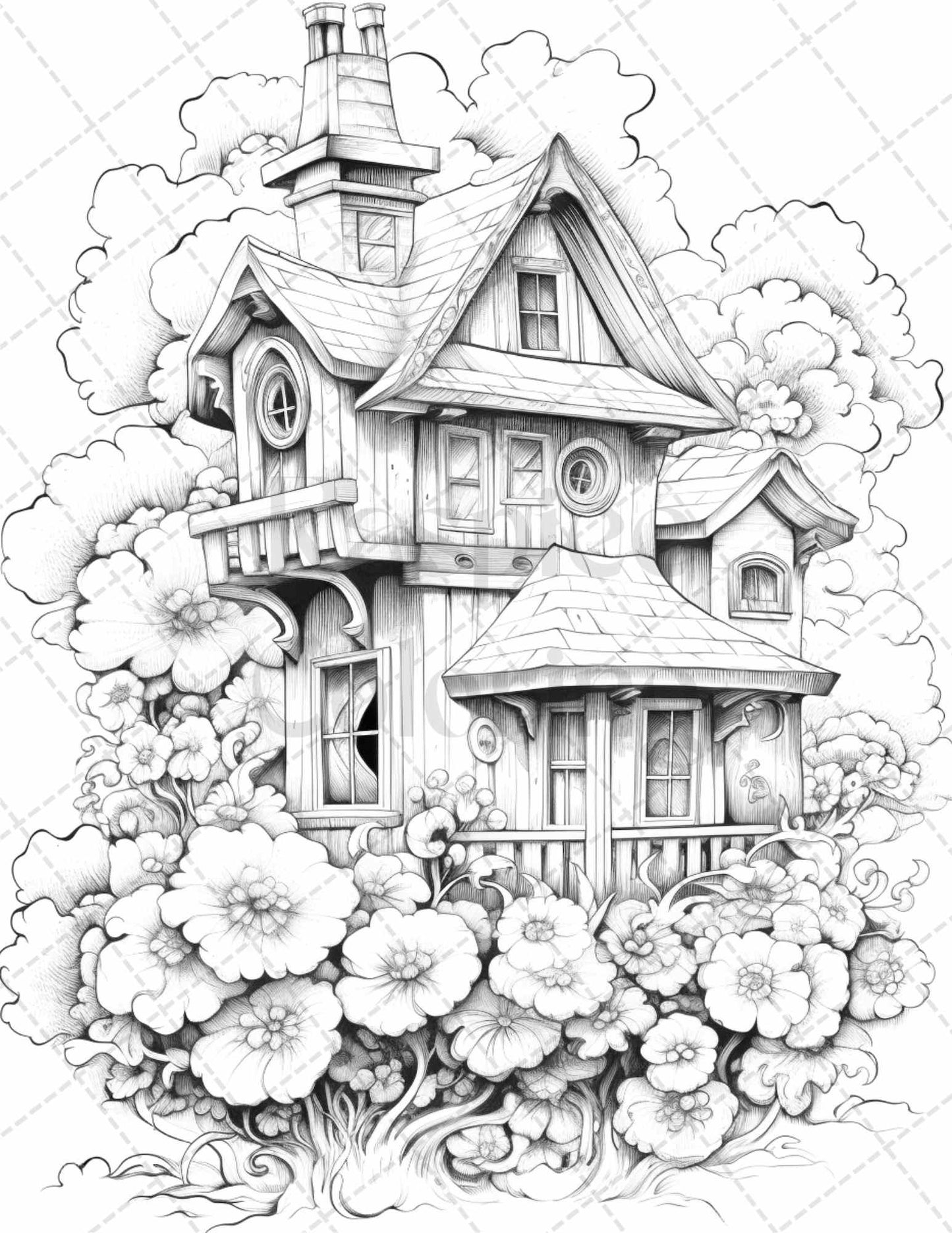60 Flower Houses Grayscale Coloring Pages Printable for Adults, PDF File Instant Download