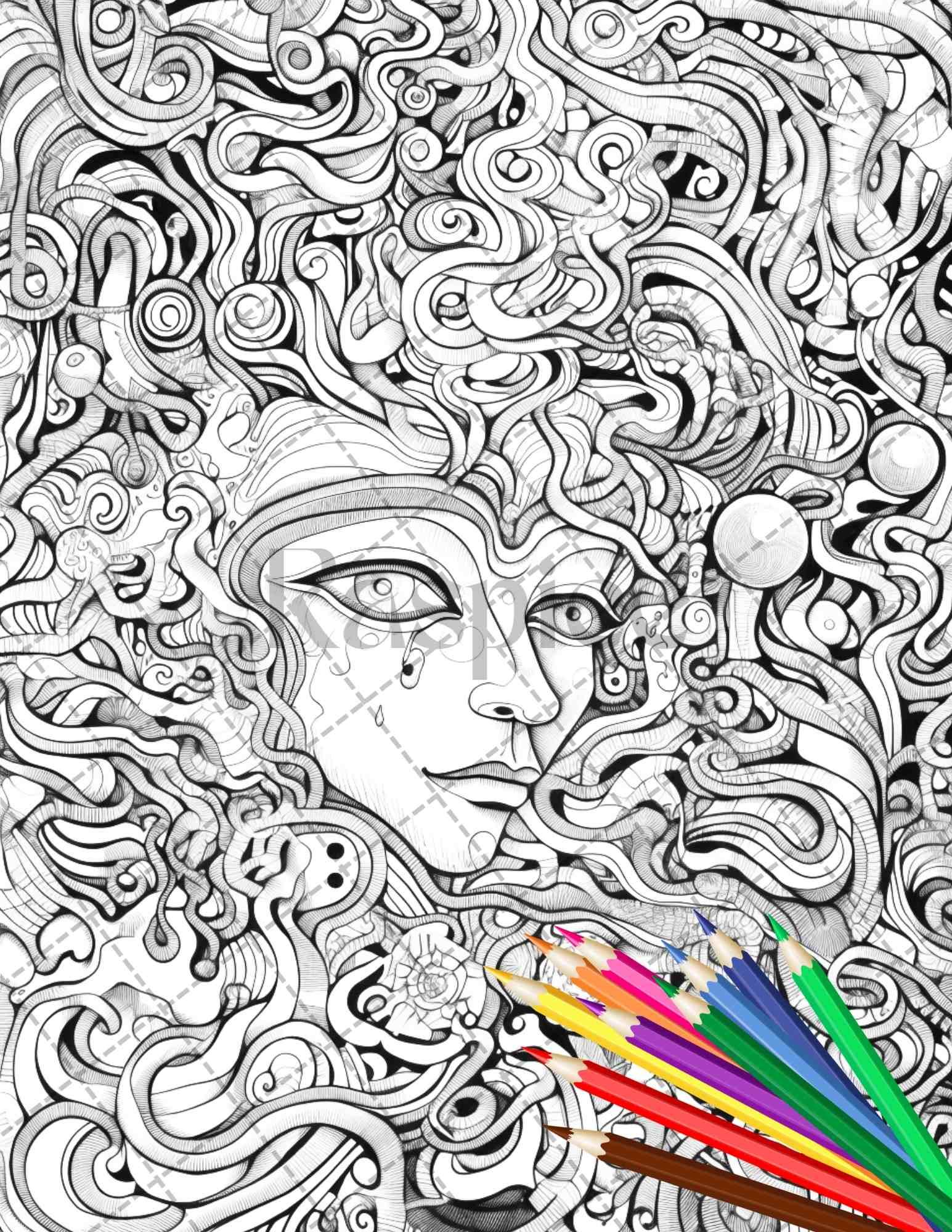 Psychedelic Trippy Coloring Book Printable for Adults, Grayscale Coloring Page, PDF File Instant Download