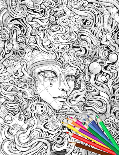 Psychedelic Trippy Coloring Book Printable for Adults, Grayscale Coloring Page, PDF File Instant Download