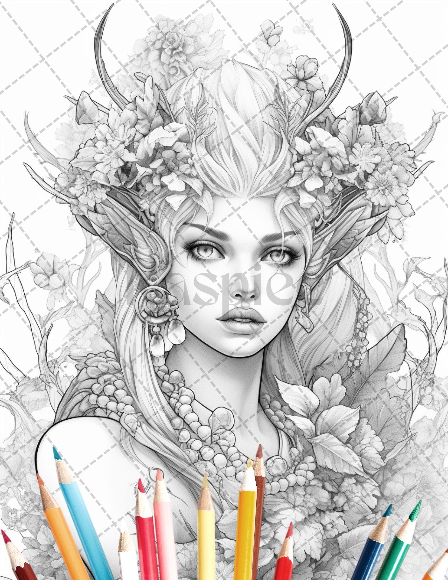 35 Beautiful Printable Elf Girls Coloring Book for Adults, Grayscale Coloring Page, PDF File Instant Download