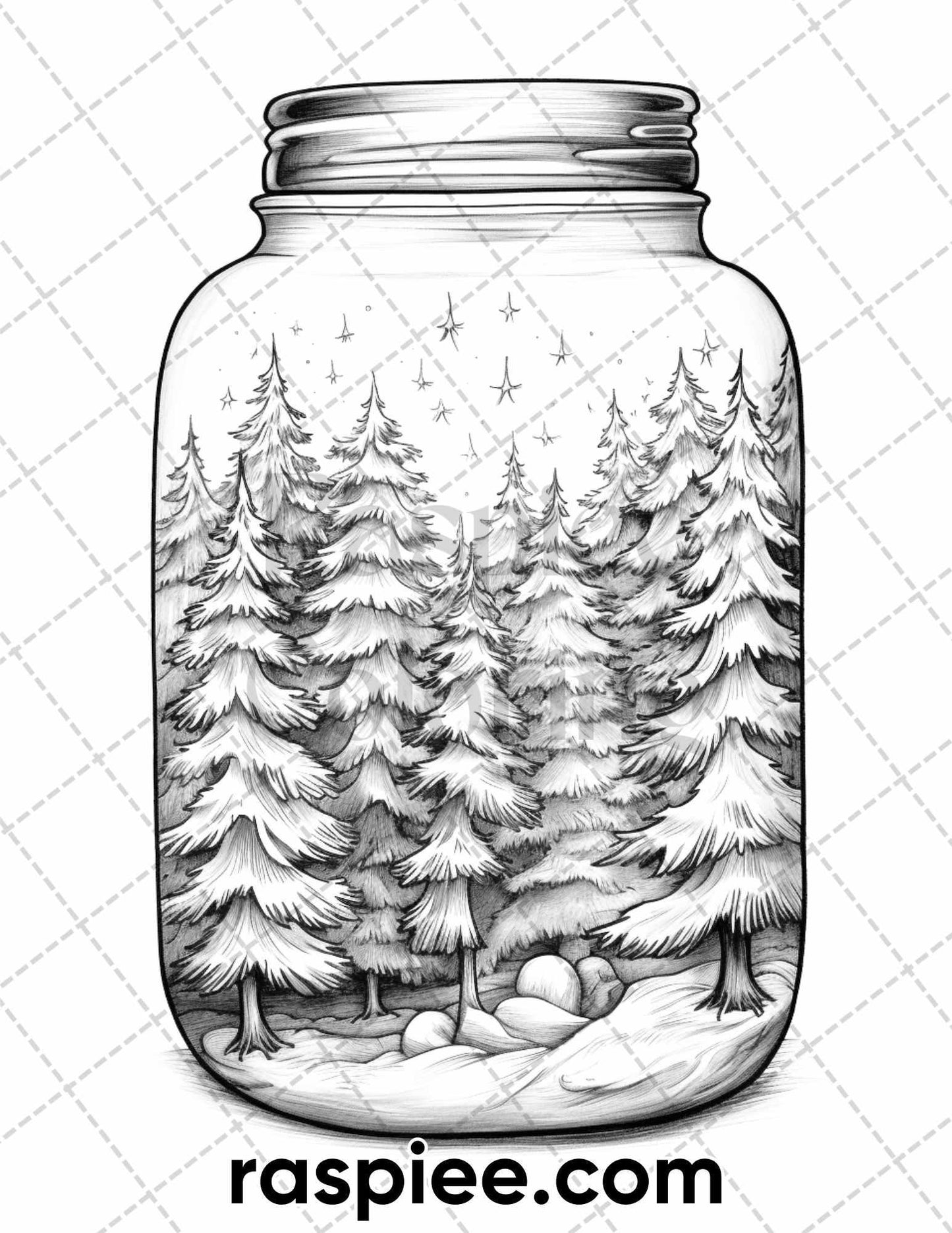60 Christmas In Jar Grayscale Coloring Pages for Adults, Printable PDF Instant Download