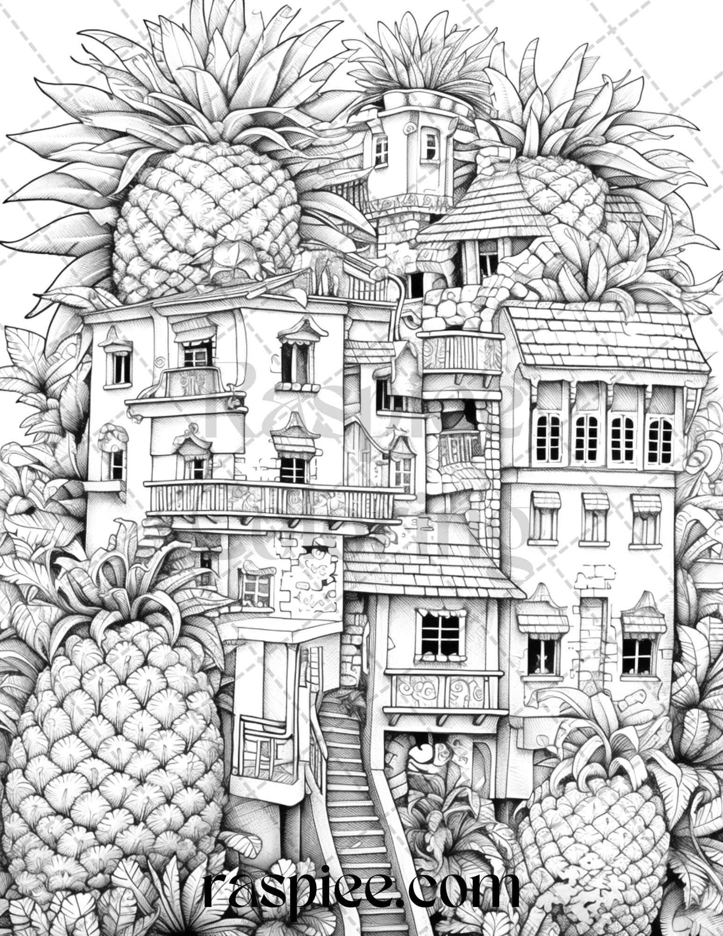 50 Pineapple Houses Grayscale Coloring Pages Printable for Adults, PDF File Instant Download