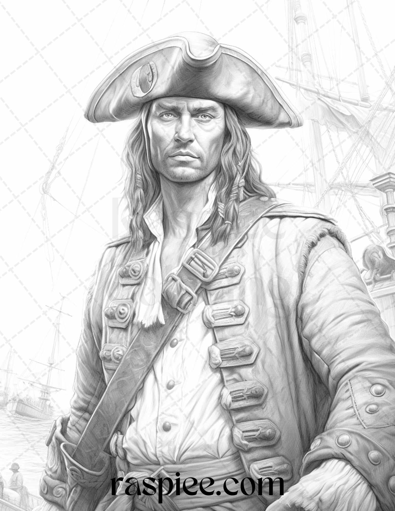 60 Pirate Life Grayscale Coloring Pages Printable for Adults, Stress Relief Coloring, PDF File Instant Download