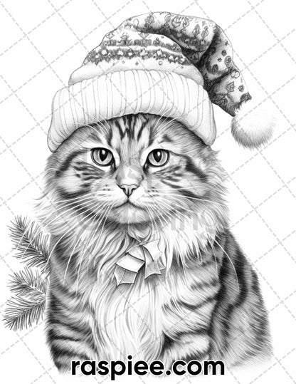 40 Christmas Cats Grayscale Coloring Pages for Adults, Printable PDF Instant Download