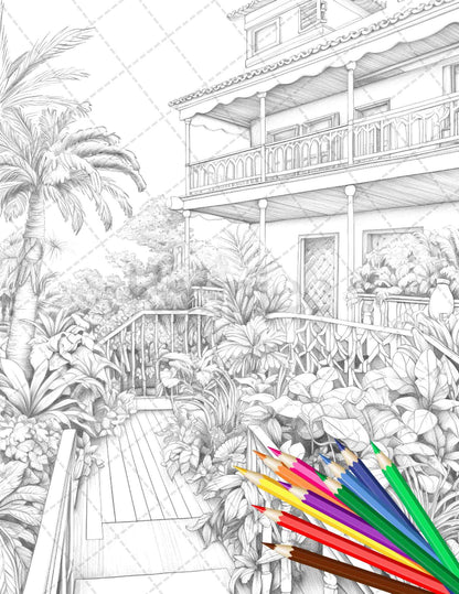 Charming Balcony Garden Grayscale Coloring Pages Printable for Adults, PDF File Instant Download