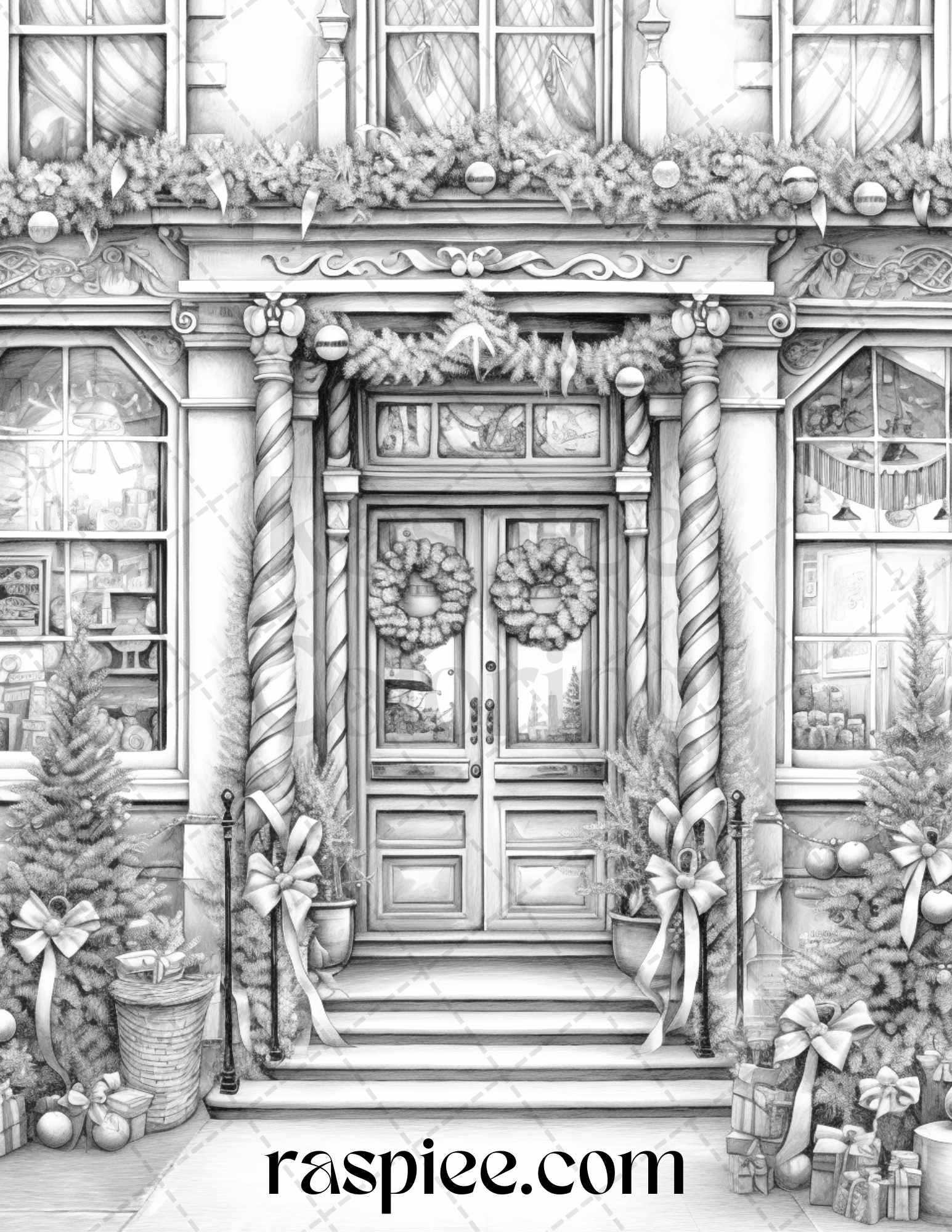 Christmas Store Front Grayscale Coloring Pages for Adults, PDF Printable Instant Download