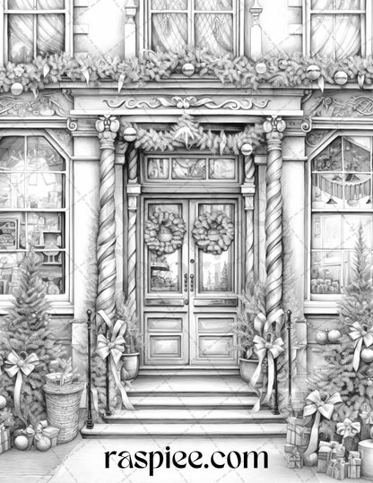 Christmas Store Front Grayscale Coloring Pages for Adults, PDF Printable Instant Download