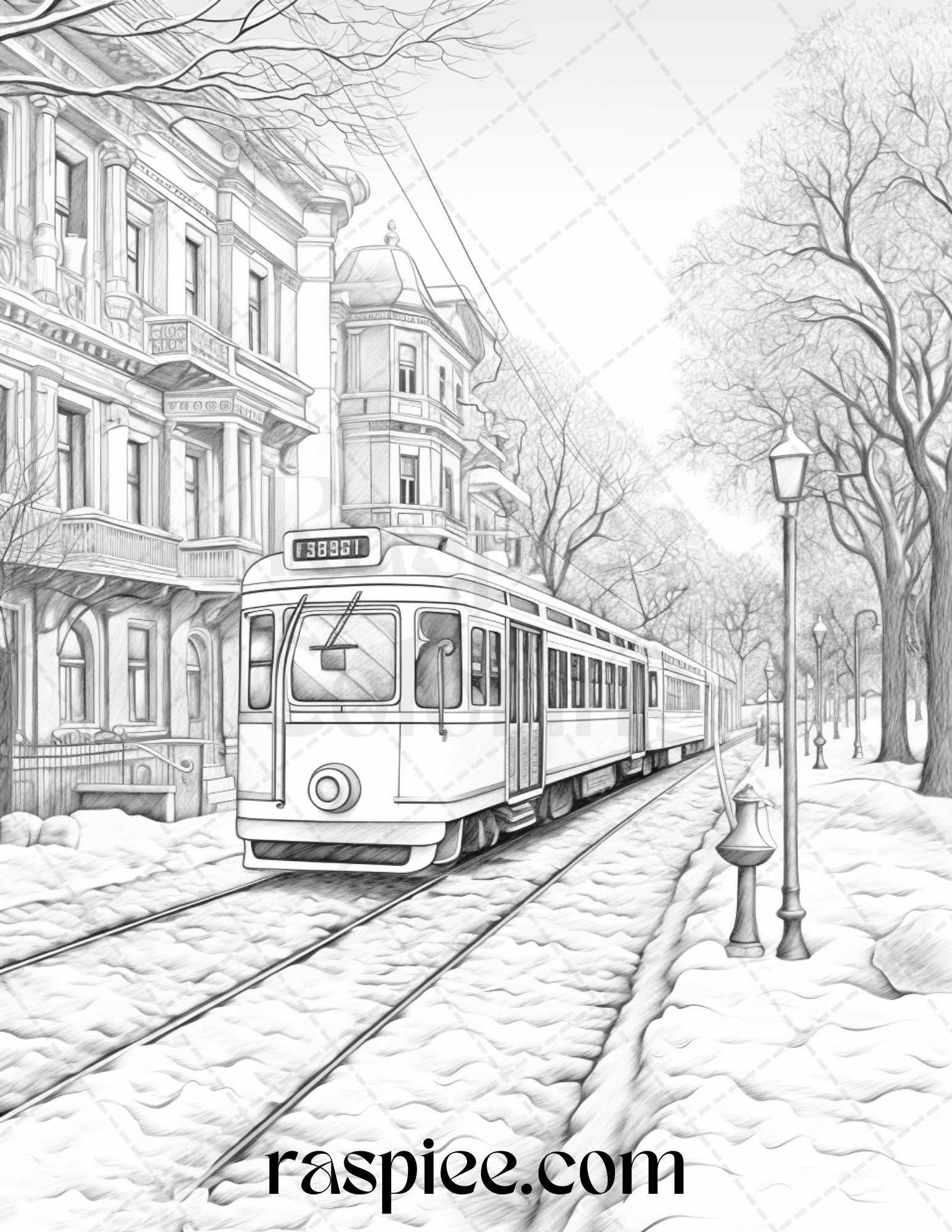 Winter Scenery Grayscale Coloring Pages Printable, Relaxing Snowy Landscapes, PDF File Instant Download