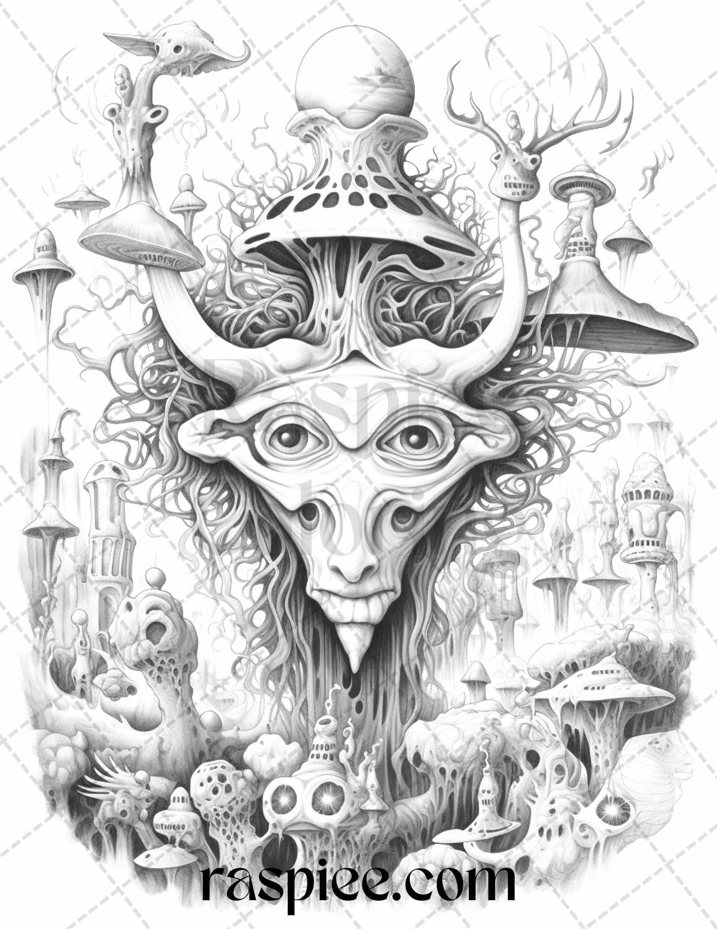 53 Surreal Creatures Grayscale Coloring Pages for Adults, Printable PDF File Instant Download