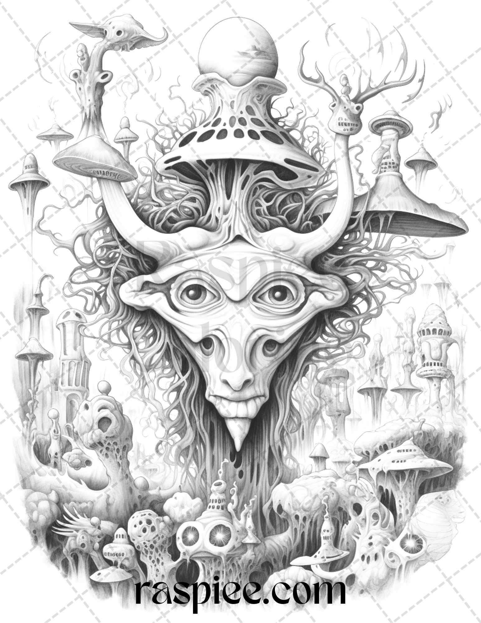 53 Surreal Creatures Grayscale Coloring Pages for Adults, Printable PDF File Instant Download