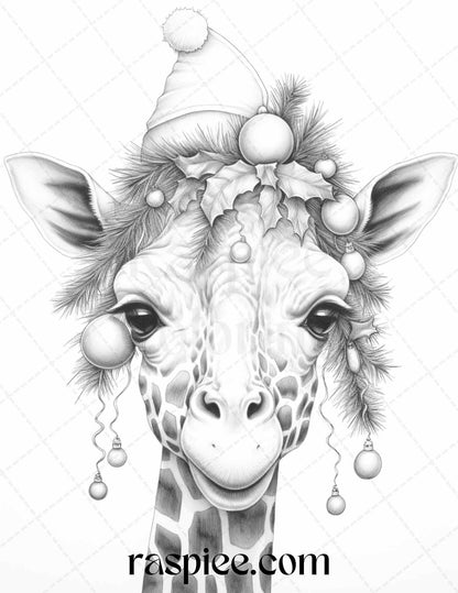 70 Christmas Animals Grayscale Coloring Pages Printable for Adults, PDF File Instant Download