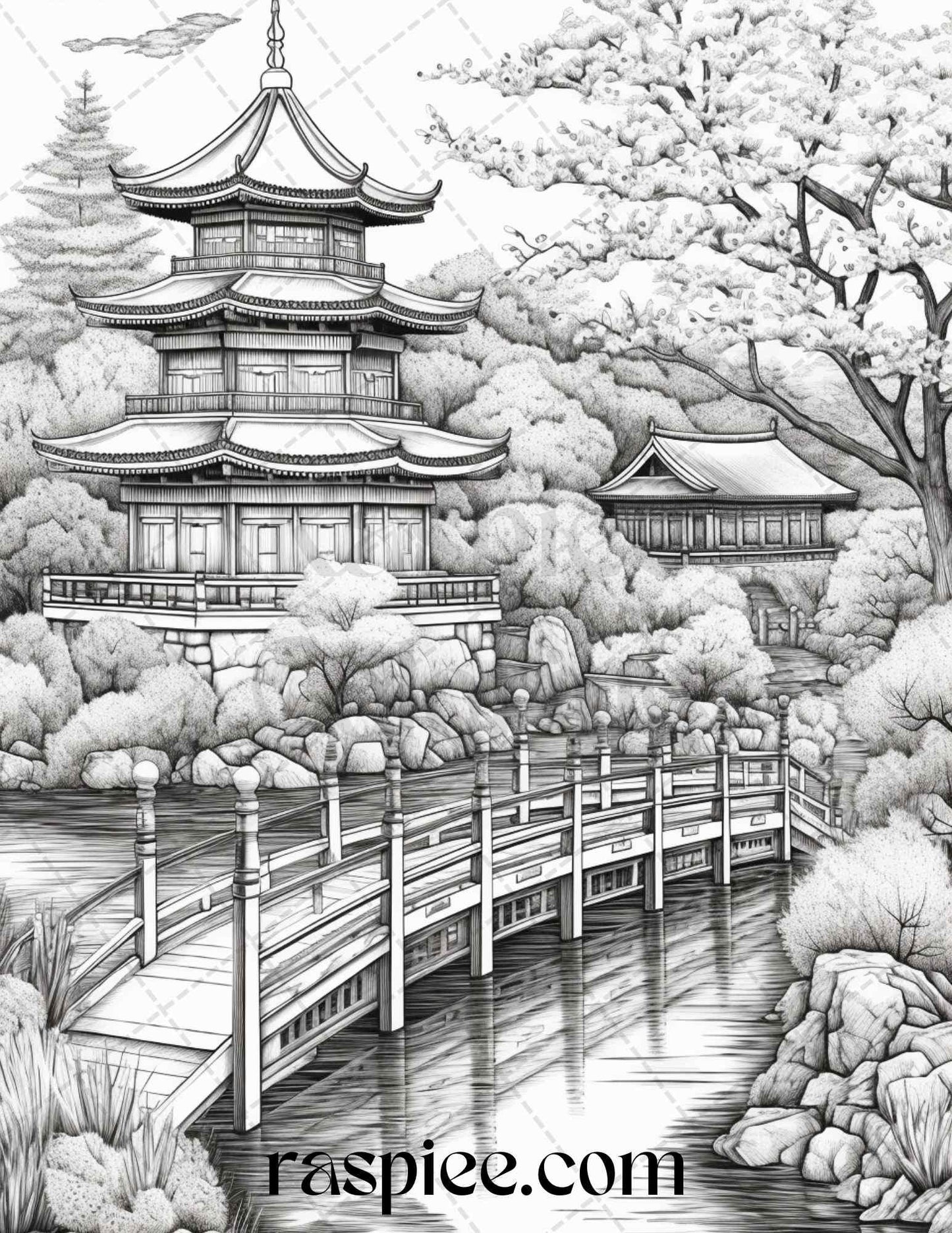 Japanese Garden Grayscale Coloring Pages Printable for Adults, PDF File Instant Download
