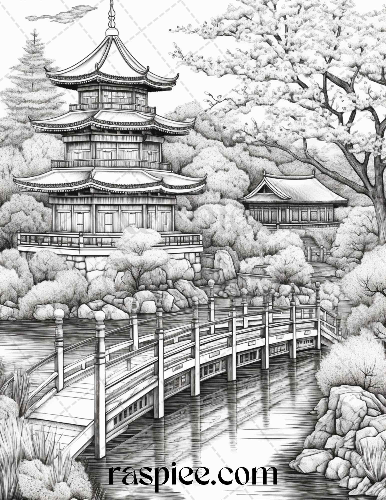 Japanese Garden Grayscale Coloring Pages Printable for Adults, PDF File Instant Download