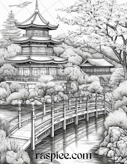 Japanese Garden Grayscale Coloring Pages Printable for Adults, PDF File Instant Download