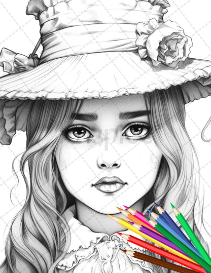 36 Beautiful Victorian Girls Coloring Pages Printable for Adults, Grayscale Coloring Page, PDF File Instant Download