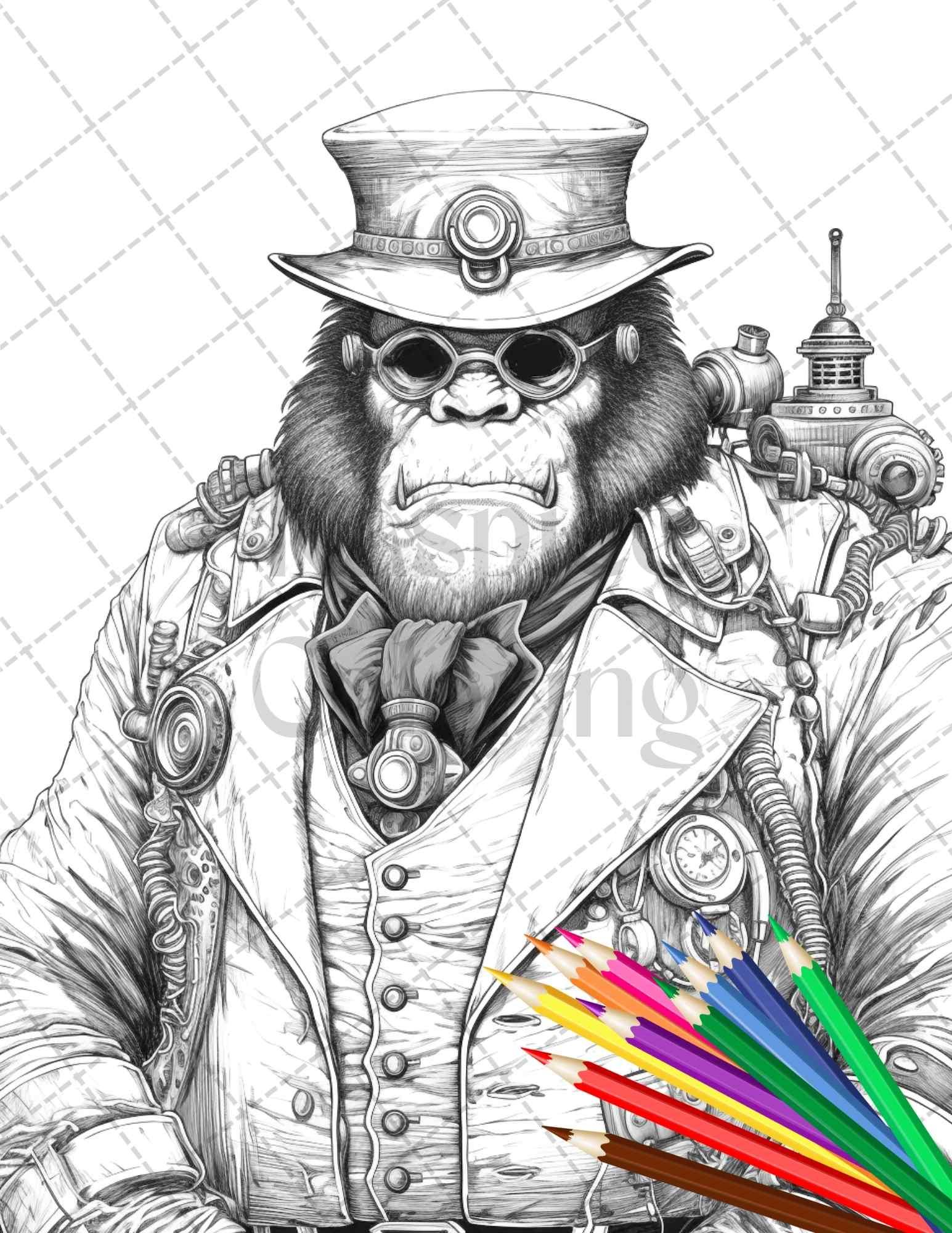 60 Steampunk Animals Grayscale Coloring Pages Printable for Adults, PDF File Instant Download