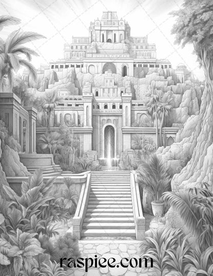 Hanging Gardens of Babylon Grayscale Coloring Pages Printable, PDF File Instant Download