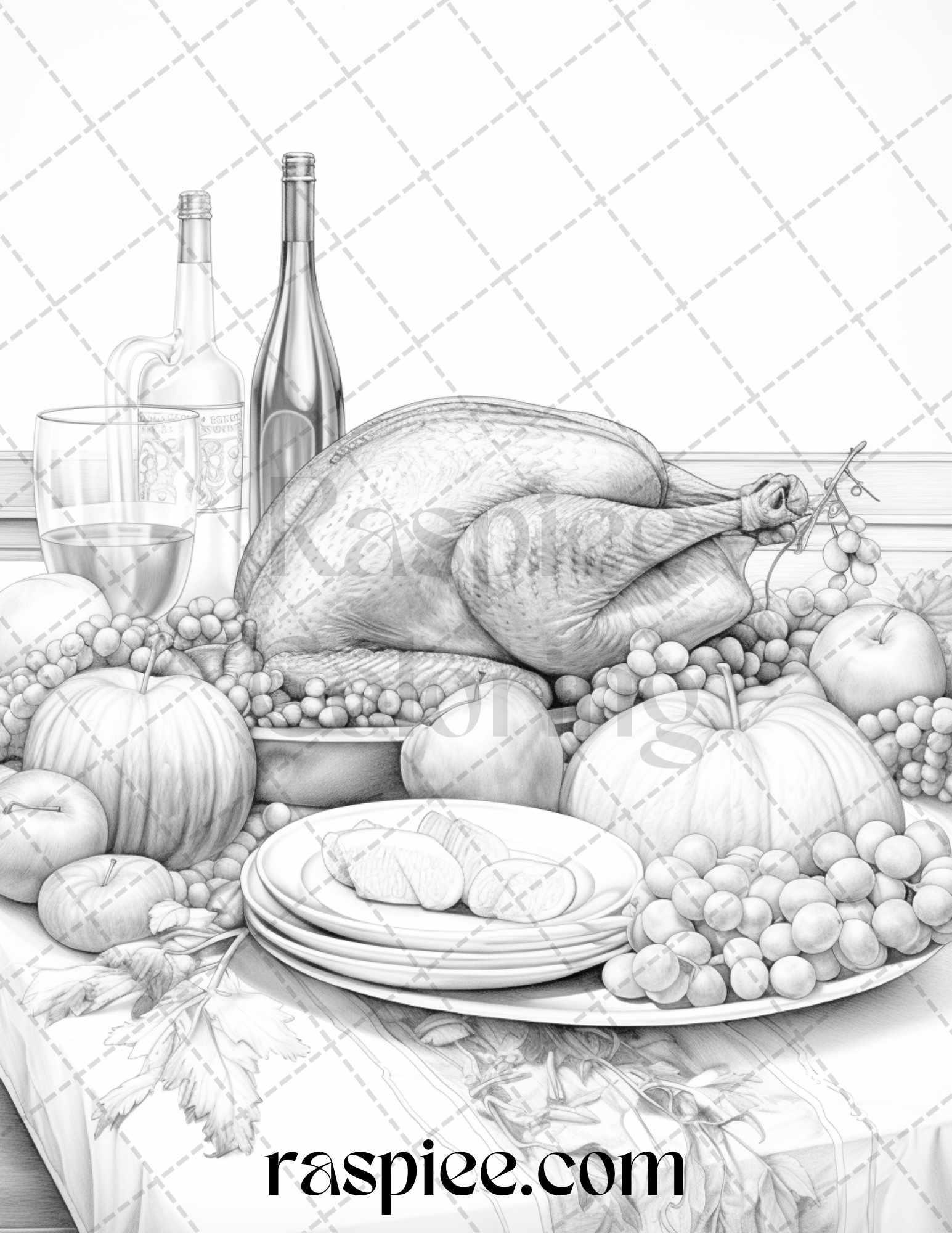 Thanksgiving Dinner Grayscale Coloring Pages for Adults, Relaxing Fall Coloring Sheets, Printable PDF File Instant Download