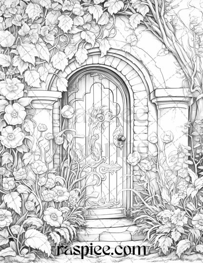 40 Flower Fairy Doors Grayscale Coloring Pages Printable for Adults, PDF File Instant Download