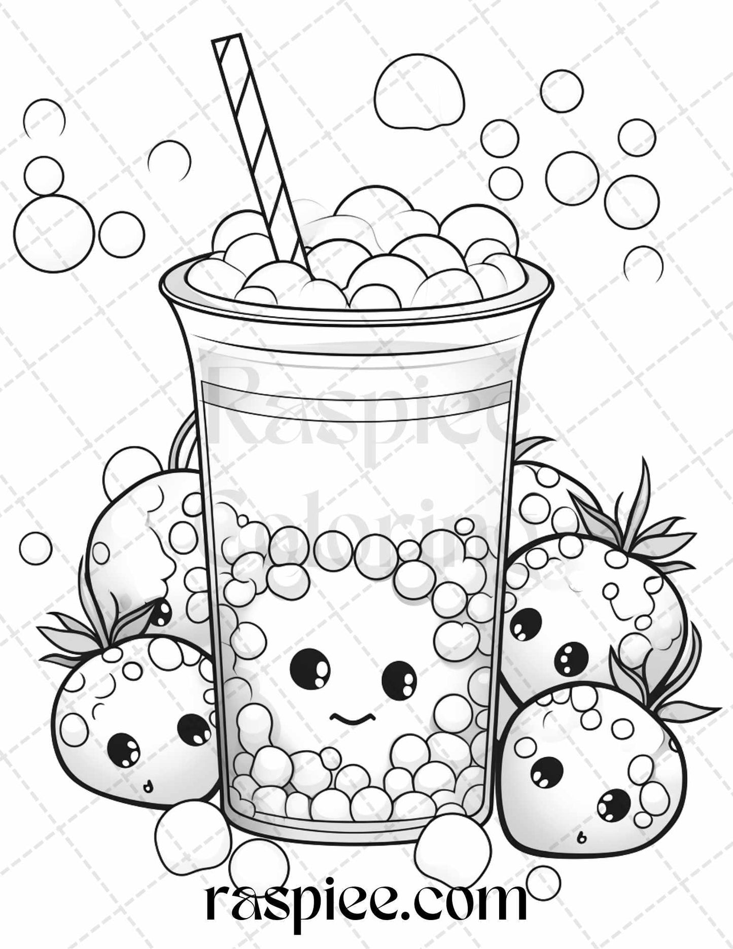 50 Cute Kawaii Boba Tea Grayscale Coloring Pages for Adults and Kids, Printable PDF File Instant Download