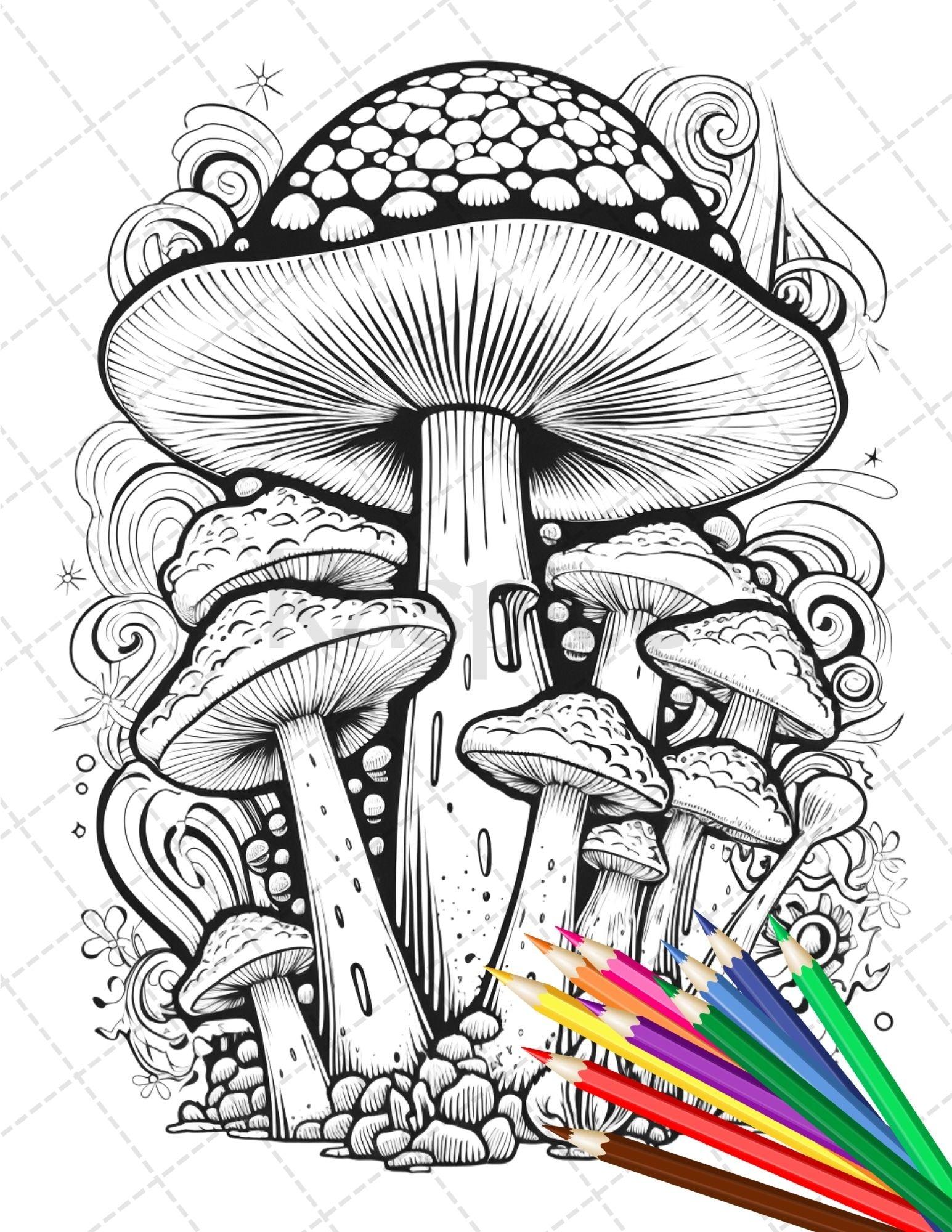 Psychedelic Mushroom Forest Coloring Book Printable for Adults, Trippy Grayscale Coloring Page, PDF File Instant Download