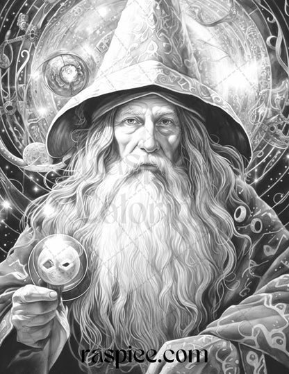 50 Magical Wizard Grayscale Coloring Pages for Adults, Printable PDF File Instant Download