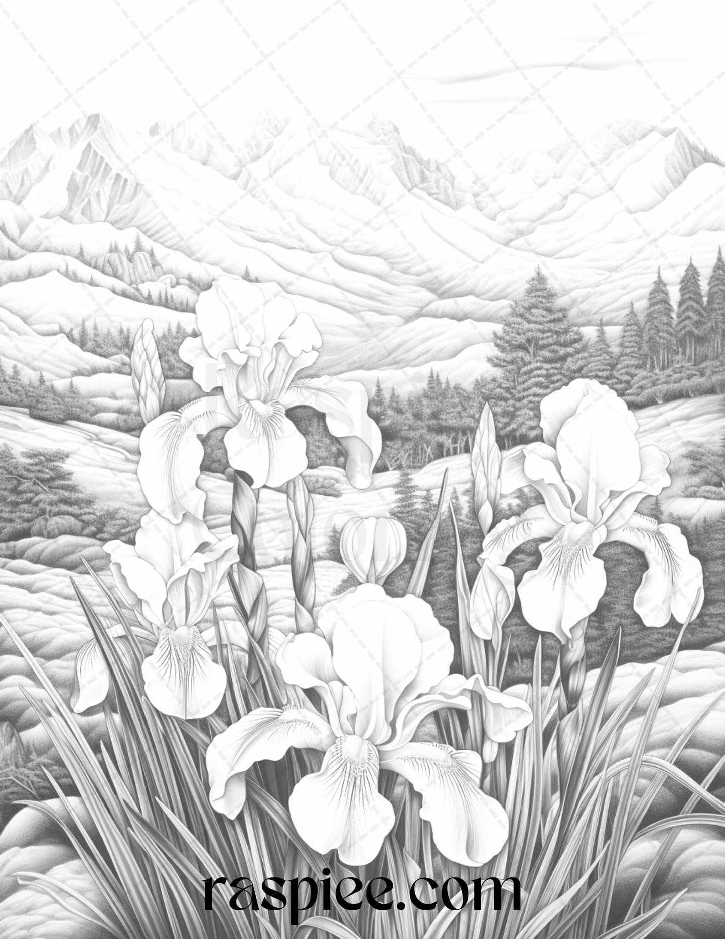 60 Mountain Flower Landscapes Grayscale Coloring Pages Printable for Adults, PDF File Instant Download