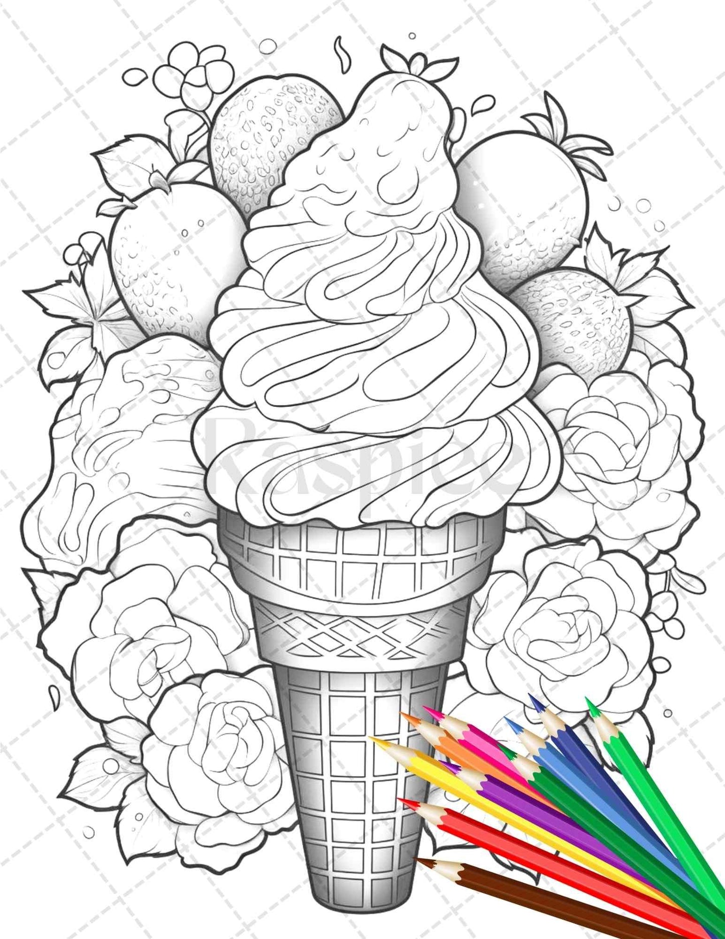 52 Printable Ice Cream Desserts Coloring Pages for Adults and Kids, Grayscale Coloring Page, PDF File Instant Download