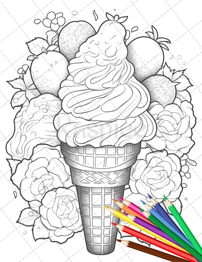 52 Printable Ice Cream Desserts Coloring Pages for Adults and Kids, Grayscale Coloring Page, PDF File Instant Download