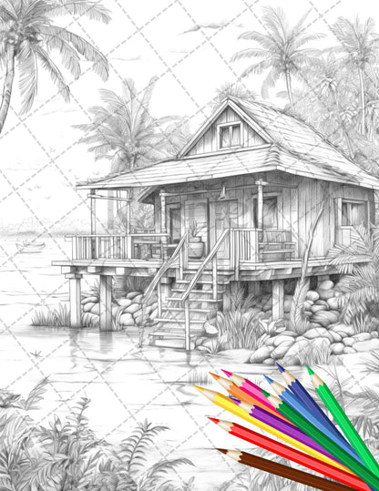 Beautiful Tropical Beach Grayscale Coloring Pages Printable for Adults, PDF File Instant Download