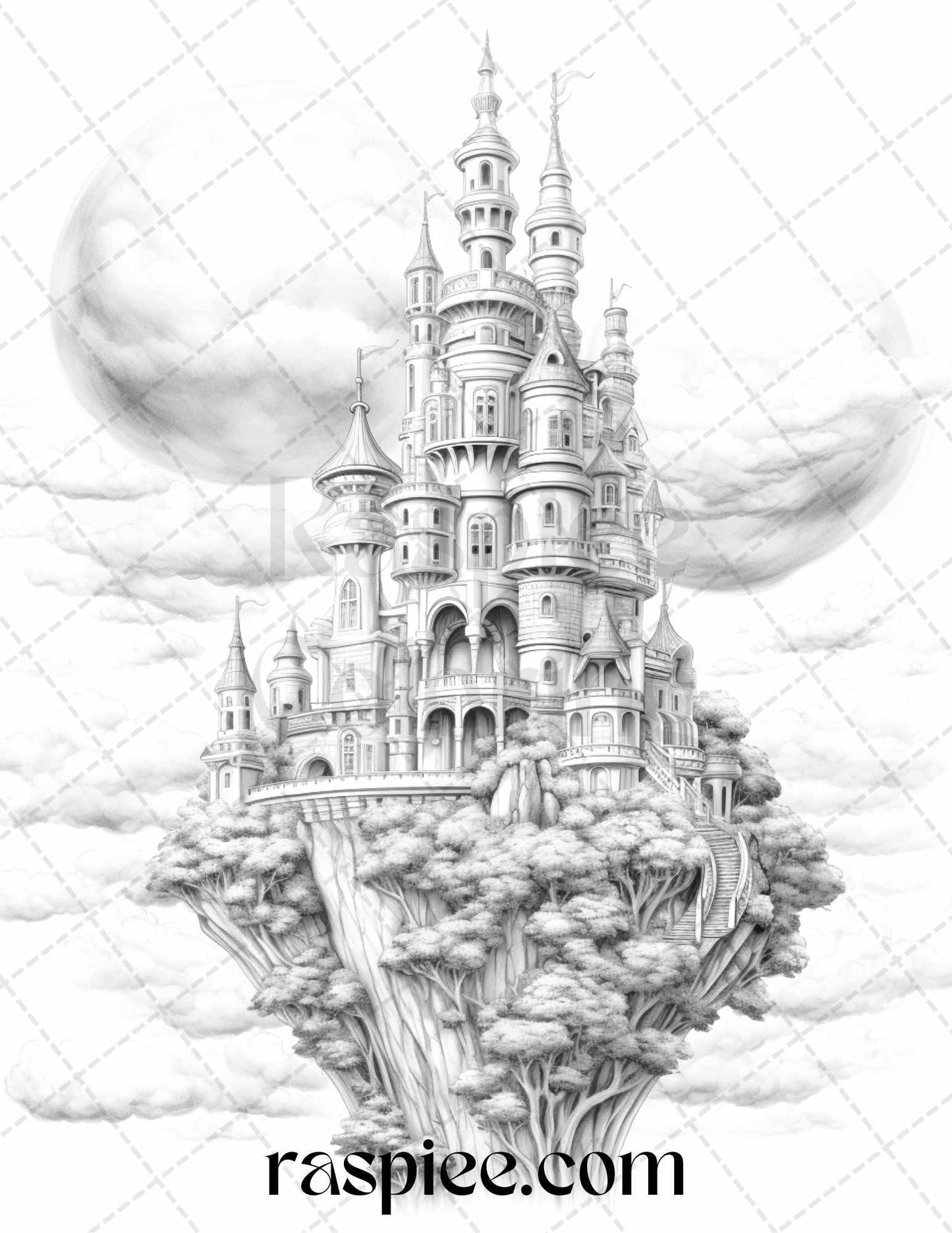Floating Castle in the Sky Grayscale Coloring Pages for Adults, Printable PDF File Instant Download