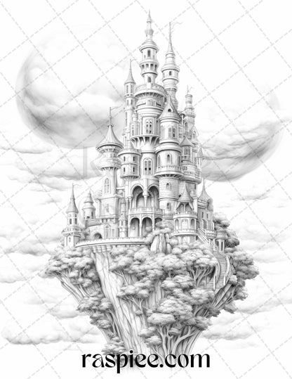Floating Castle in the Sky Grayscale Coloring Pages for Adults, Printable PDF File Instant Download
