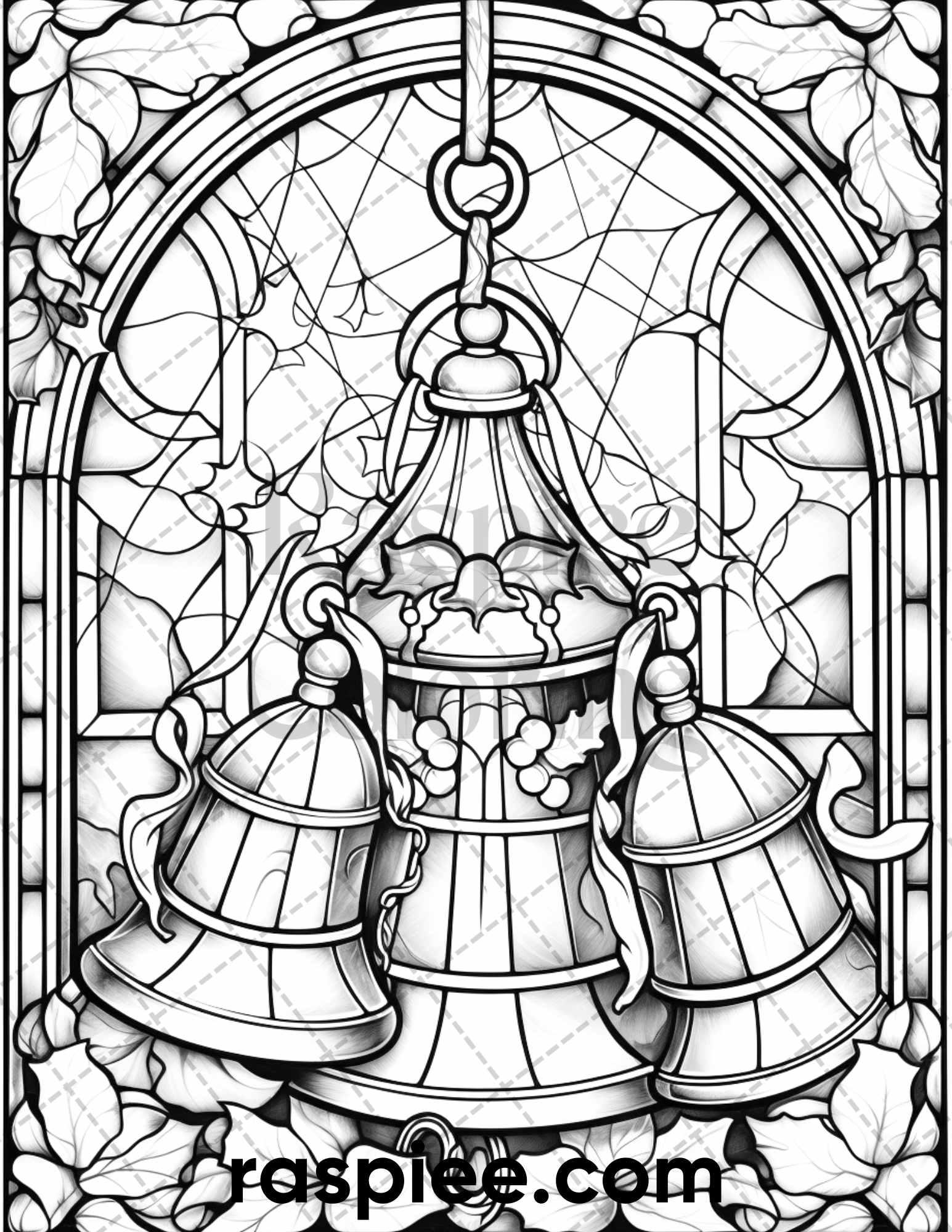 50 Christmas Stained Glass Grayscale Coloring Pages for Adults, Printable PDF File Instant Download