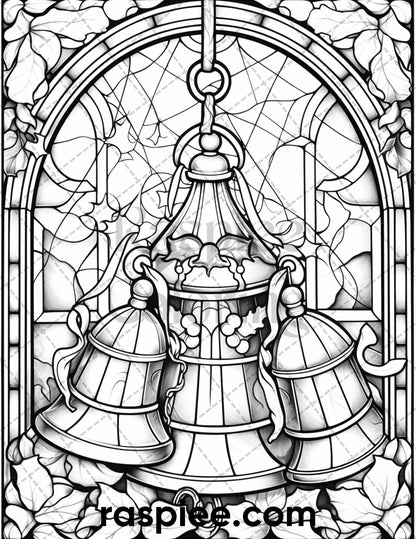 50 Christmas Stained Glass Grayscale Coloring Pages for Adults, Printable PDF File Instant Download