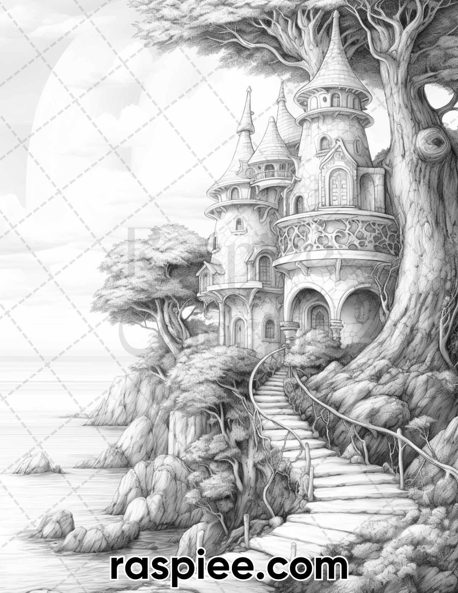50 Fairy Beach Houses Grayscale Coloring Pages for Adults, Printable PDF Instant Download