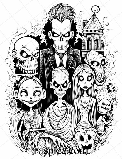 50 Monster Family Grayscale Coloring Pages Printable for Adults - Instant Download, Halloween Coloring Book, Fun and Spooky Designs