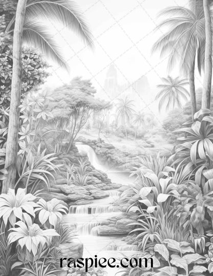 52 Tropical Oasis Grayscale Coloring Pages Printable for Adults, PDF File Instant Download