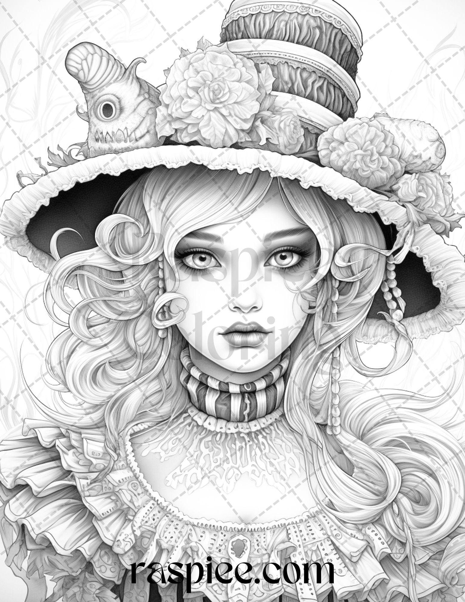 55 Halloween Girls Grayscale Coloring Pages Printable for Adults, PDF File Instant Download