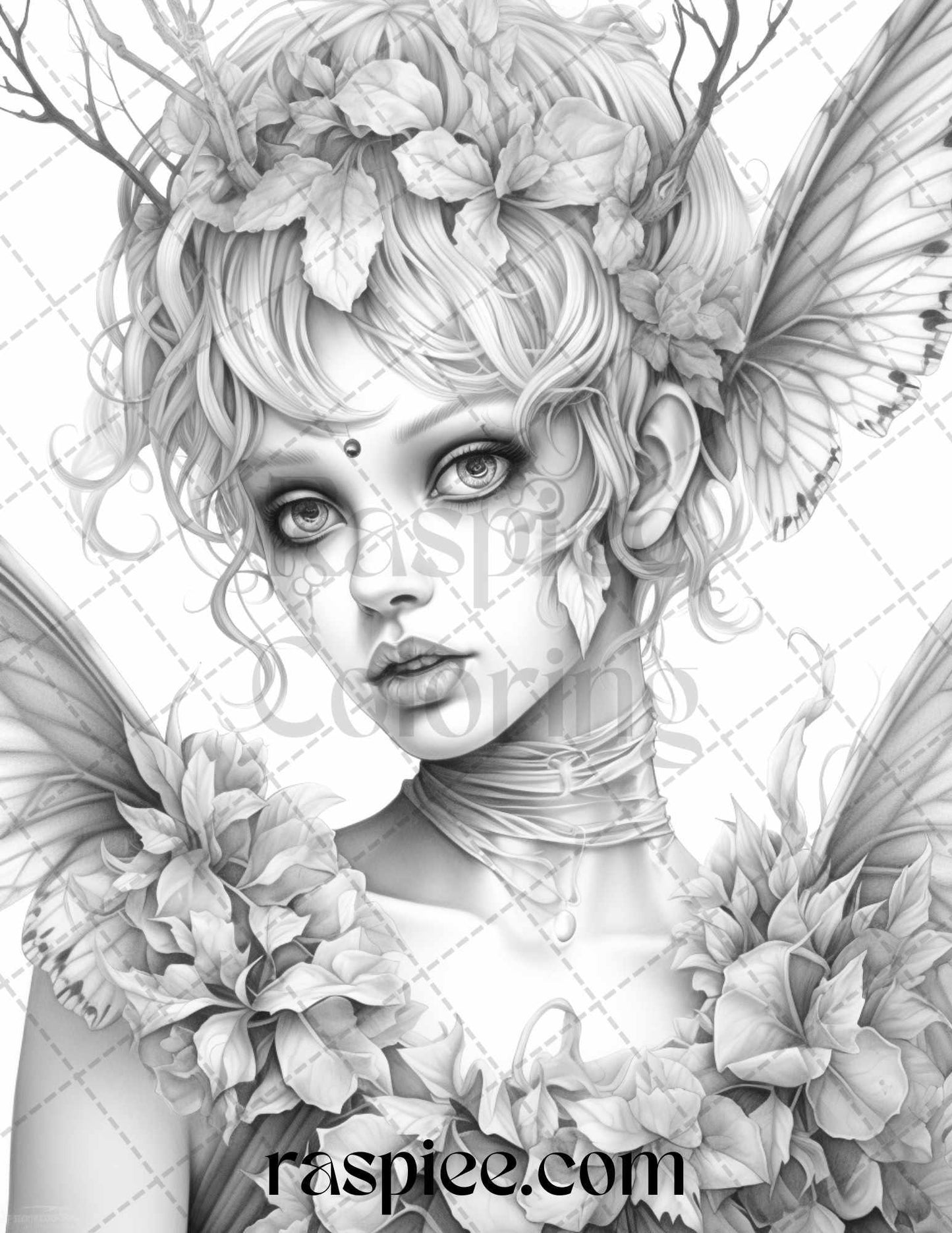 60 Halloween Zombie Fairy Grayscale Coloring Pages Printable for Adults, PDF File Instant Download