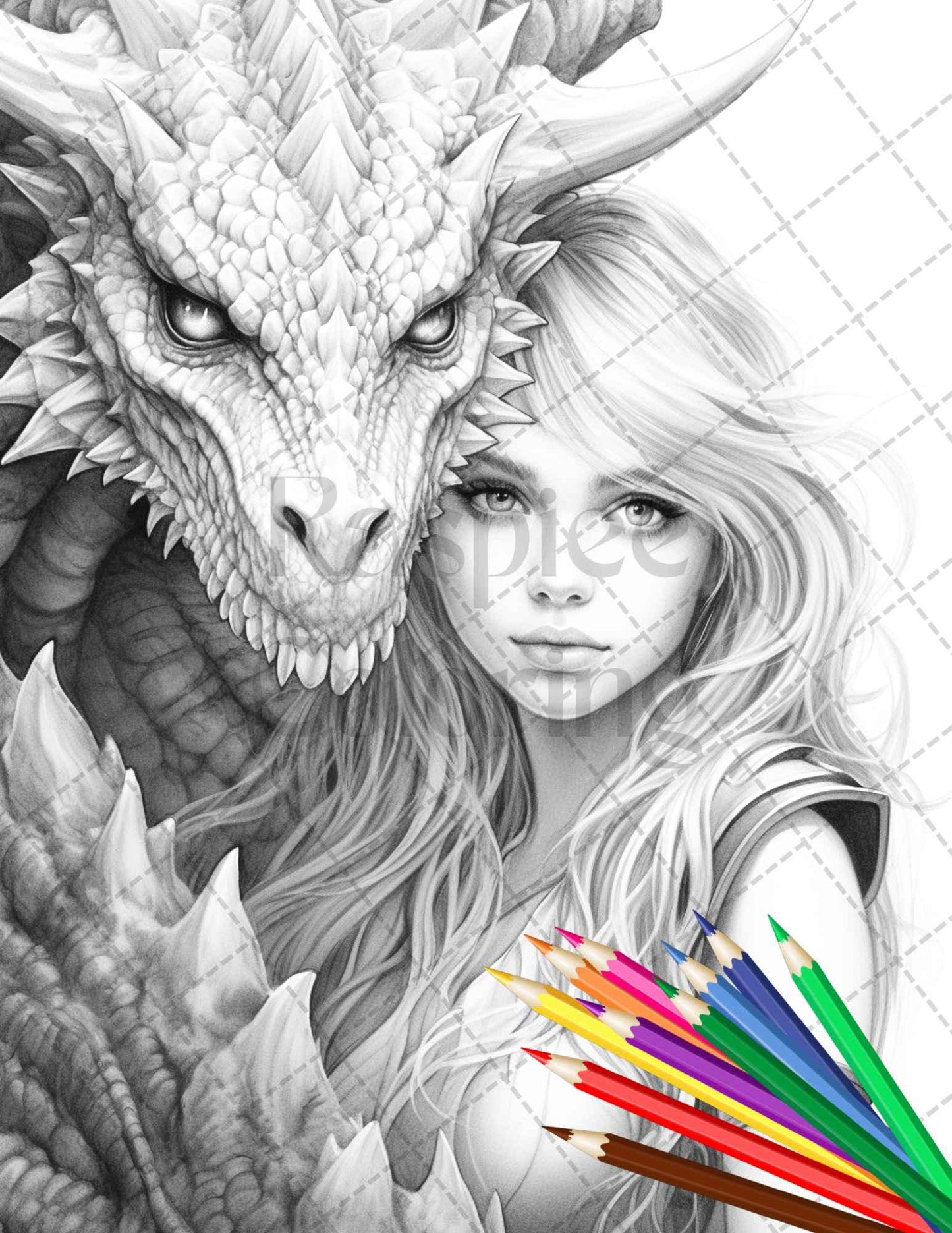 Enchanted Dragon Queens Grayscale Coloring Pages Printable for Adults, PDF File Instant Download