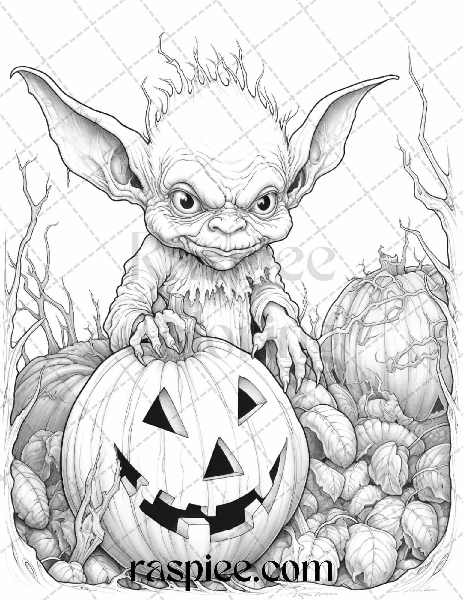 50 Halloween Goblin Grayscale Coloring Pages Printable for Adults, PDF File Instant Download