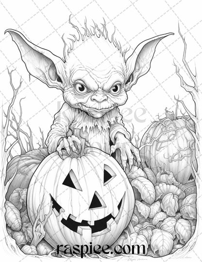 50 Halloween Goblin Grayscale Coloring Pages Printable for Adults, PDF File Instant Download