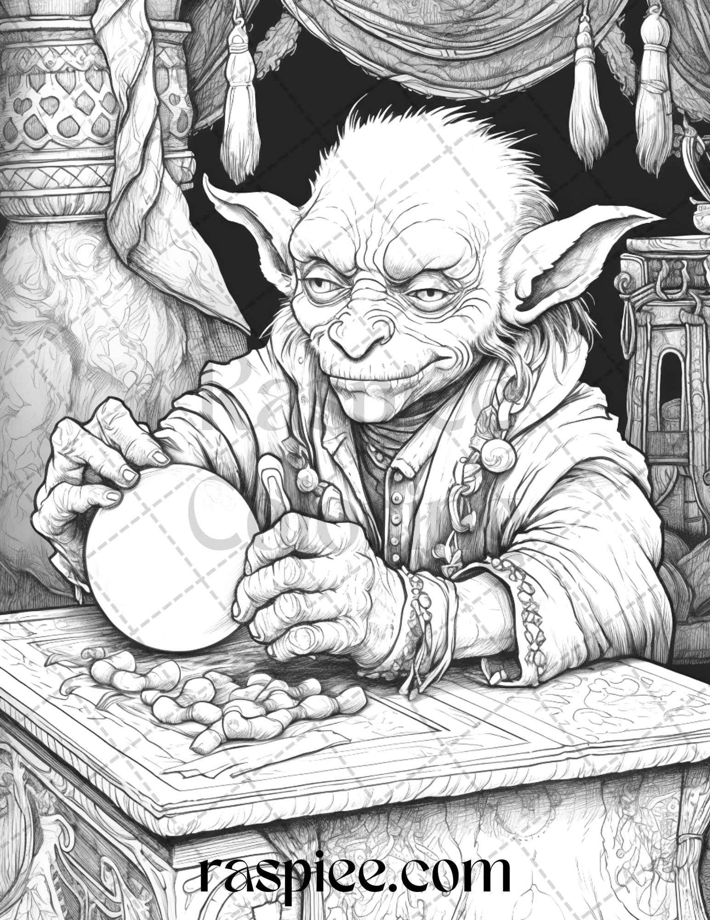 Fantasy Goblins Grayscale Coloring Pages Printable for Adults, PDF File Instant Download