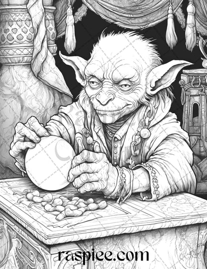 Fantasy Goblins Grayscale Coloring Pages Printable for Adults, PDF File Instant Download